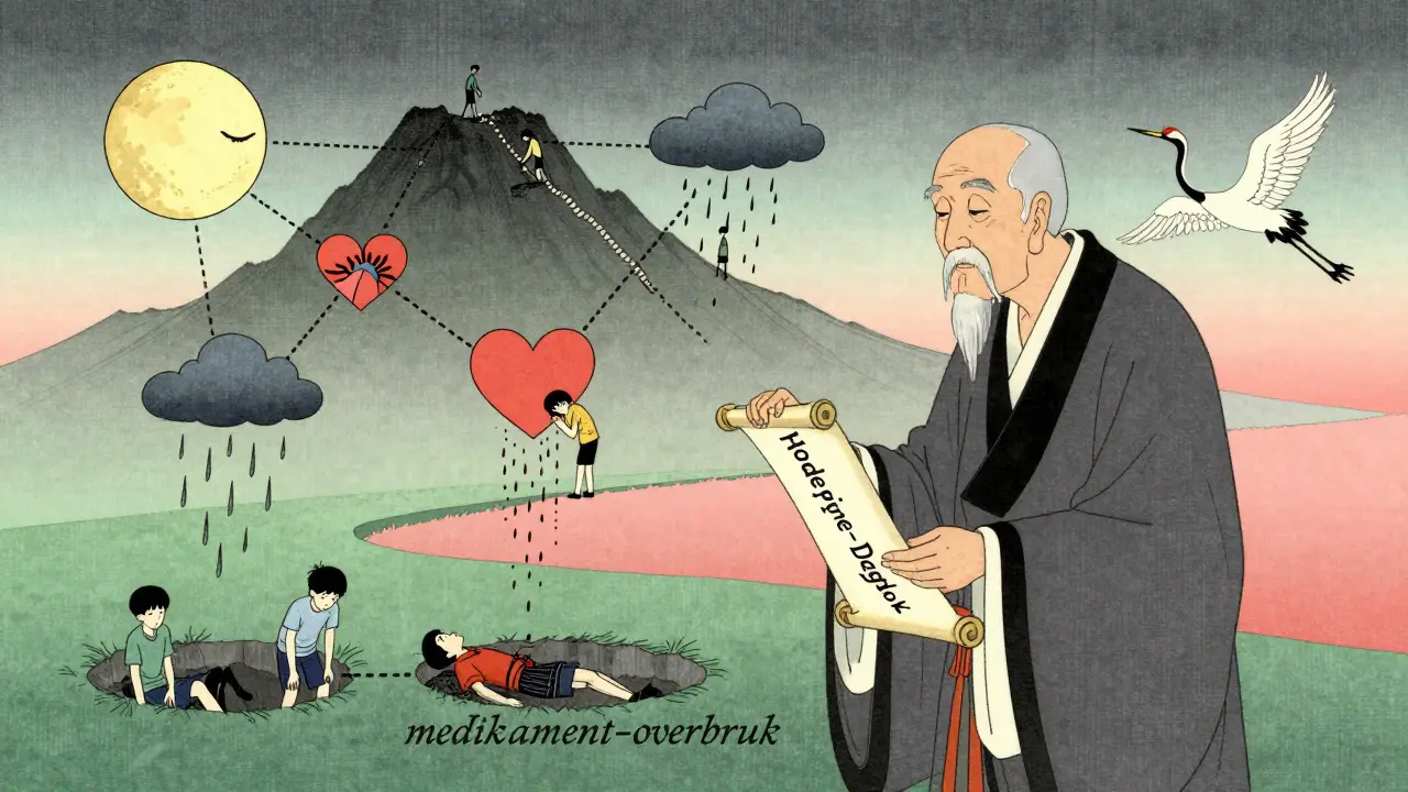 Eldre person viser en ung person en dagbok med symboler for migrainutløsere og vei mot fred.