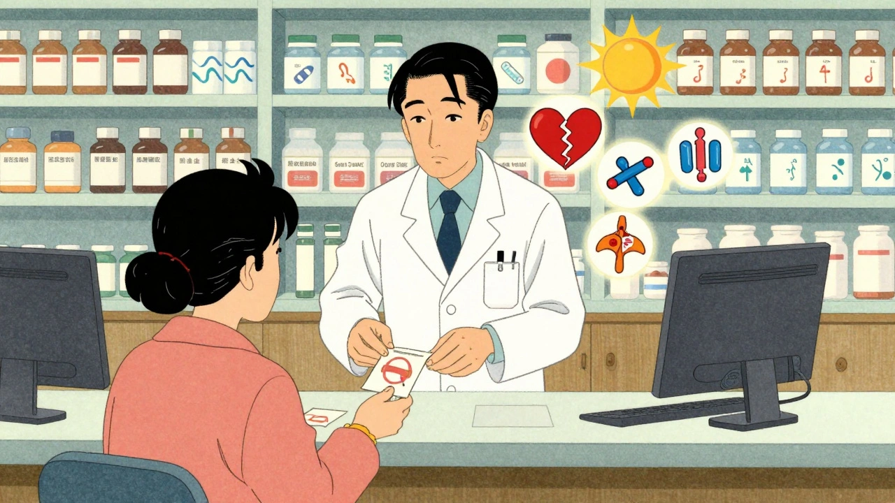 En apotekar gir en pasient et pakke med medisiner, omgitt av symboler for seksuell helse.