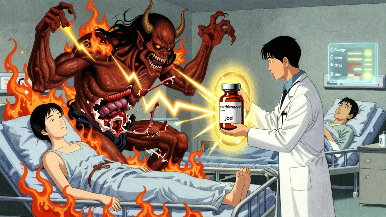 En demon av hormoner angriper en pasient, mens en lege beskytter med medisin og jod.