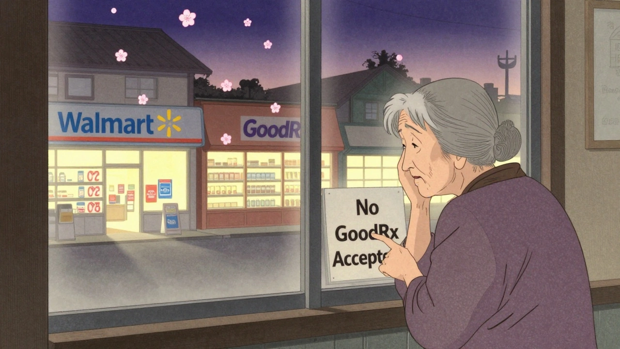 En eldre kvinne får nektet GoodRx på et lite apotek, mens andre apotek glimter i bakgrunnen som blomstrende treer.