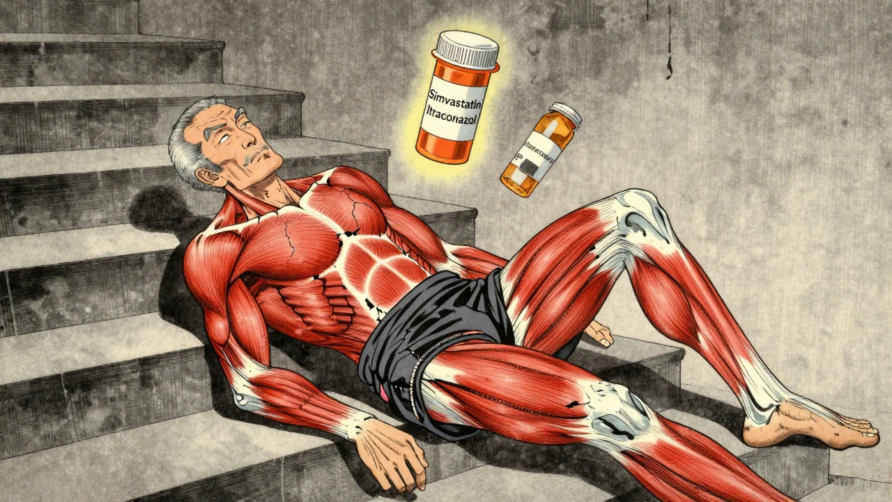 En eldre mann som collapse med røde, knekkede muskler og farlige legemiddelflasker over ham.