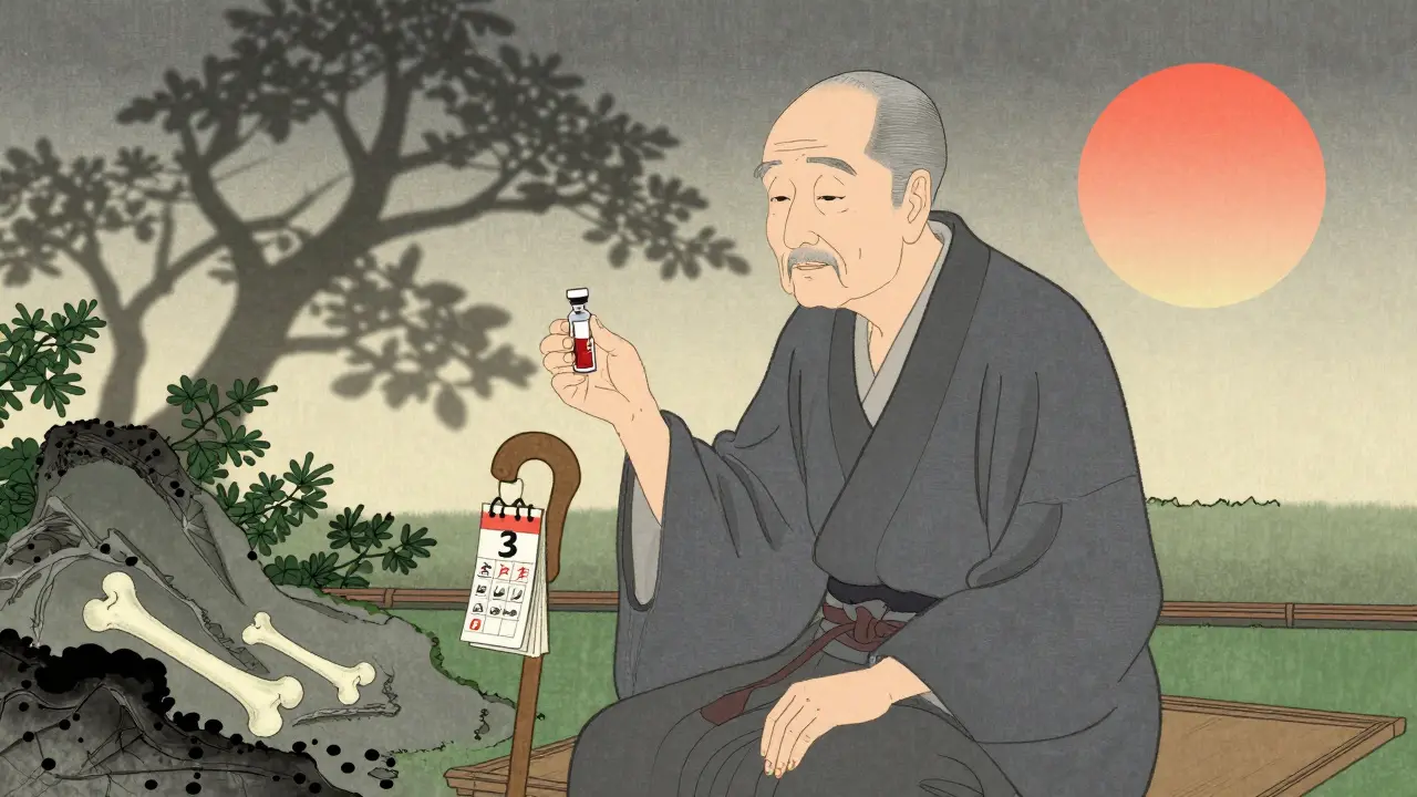 En eldre person i en japansk hage med en dexamethason-flaske, mens skjeletter av bein skyggelegger bak dem.