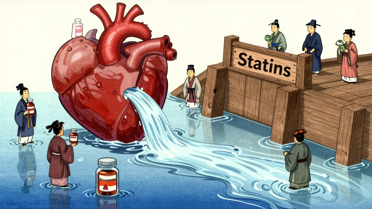 En elv med kolesterol blokkert av en dam merket &#039;Statiner&#039;, med ulike statiner som små symboler i ukiyo-e stil.