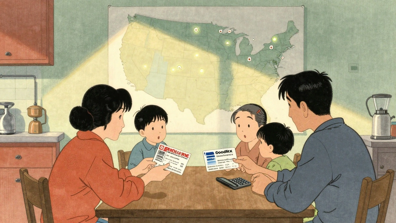 En familie sammenligner GoodRx-kupong med forsikringskort og kalkulator ved kjøkkenbordet, varmt lys og japanske maleriske detaljer.