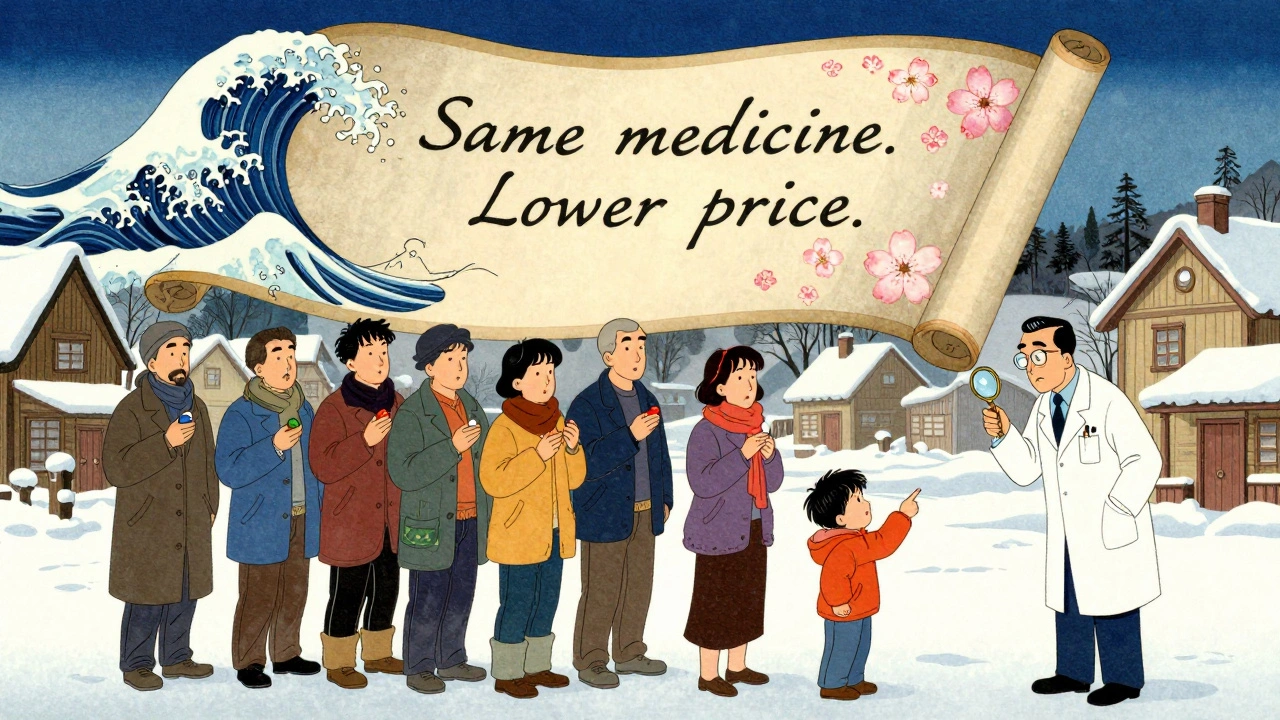 En gruppe mennesker i en snødekt landsby holder ulike piller, mens en skrullet med enkle ord svever over dem i tradisjonell stil.