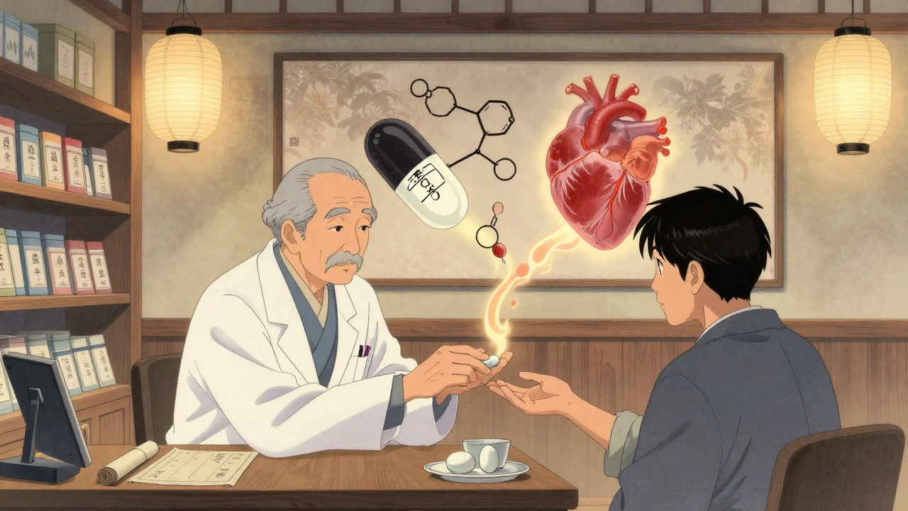En japansk apotekscene med en legemiddel-murale som viser identiske kjemiske strukturer til to piller som matar et hjerte.