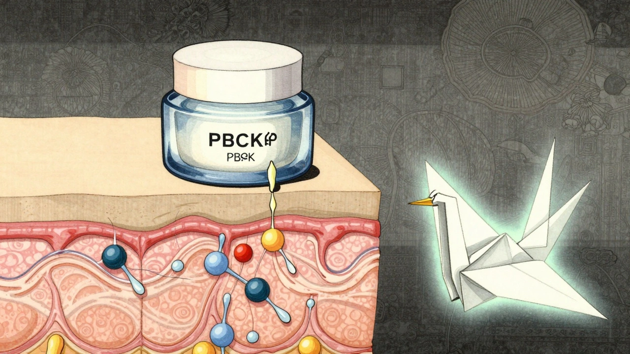 En krem tester permeasjon gjennom hud, mens en origami-kran symboliserer moderne modellering.