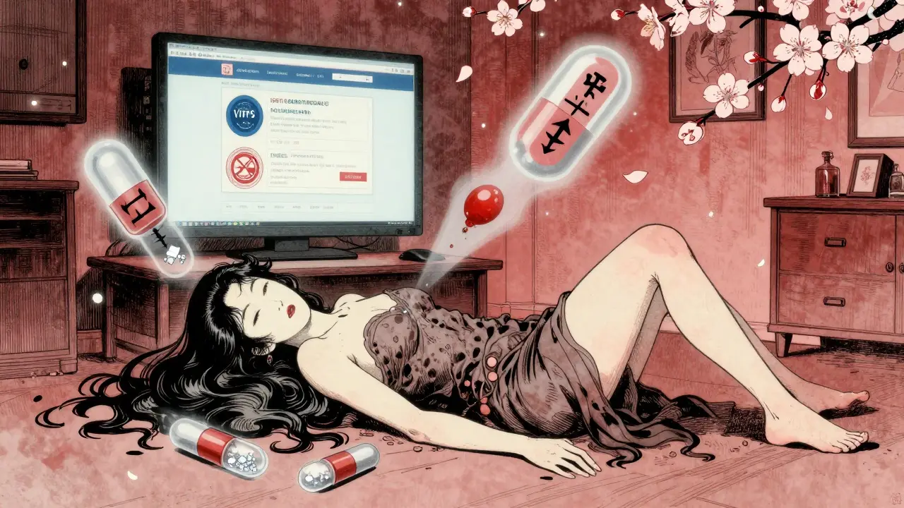 En kvinne som kollapser mens falske piller med giftige symboler svirrer rundt henne, i en stille Oslo-leilighet.