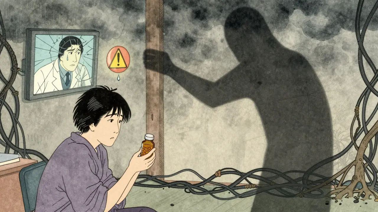 En pasient i en hytte holder en legemiddelflaske, mens deres skygge viser en farmasøyt gjennom en forstyrret video.