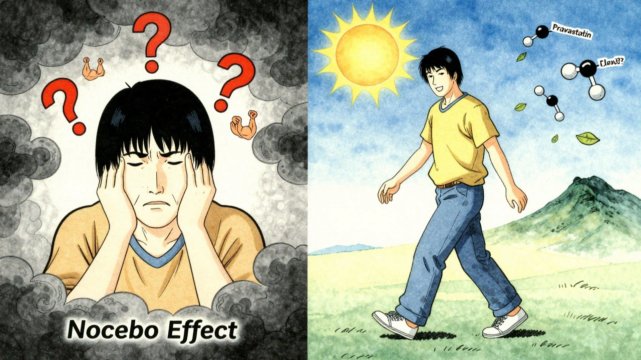 En person som overvinner frykt for statiner, representert gjennom lys og mørke i ukiyo-e stil.