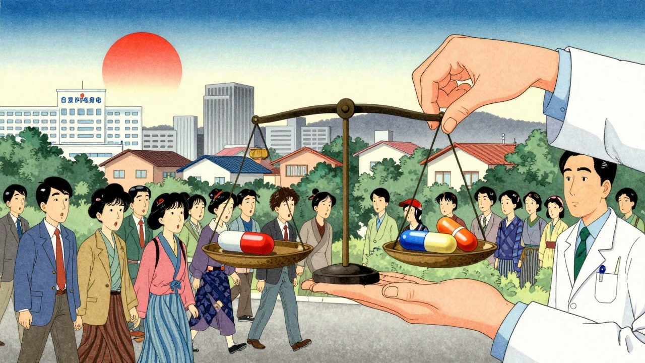 En tradisjonell japansk vekt balanserer en statin og vitamin D-supplement, med en lege og en by i bakgrunnen.