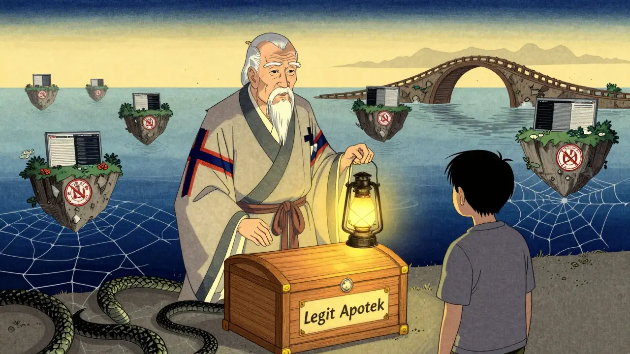 En vis apoteker gir en lyslanterne til en ung person for å unngå en web av falske apotek, i tradisjonell Ukiyo-e stil.