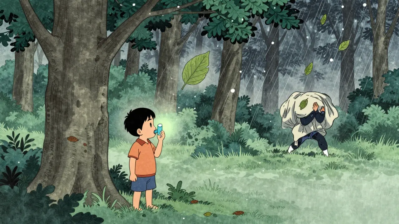 Et barn med en inhalator under et tre, mens dexamethason-blad faller stille, og prednisone-blad faller i storm.