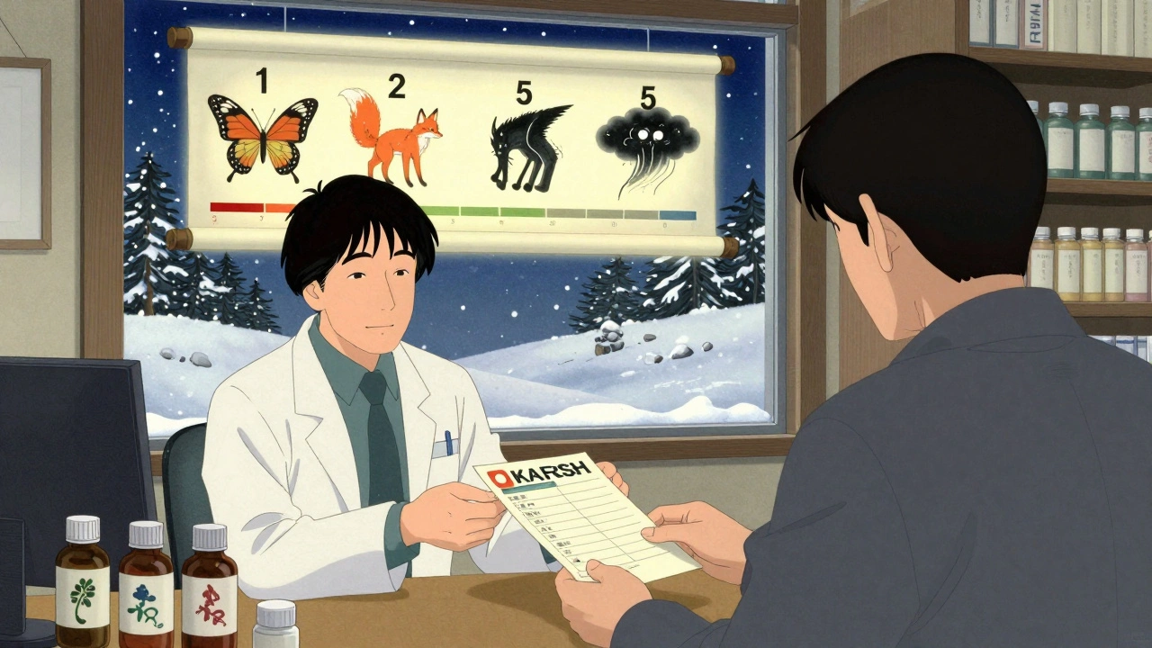 Farmasøyt gir pasient en oppdatert legemiddelliste med risikoskala som tradisjonell skrulle.