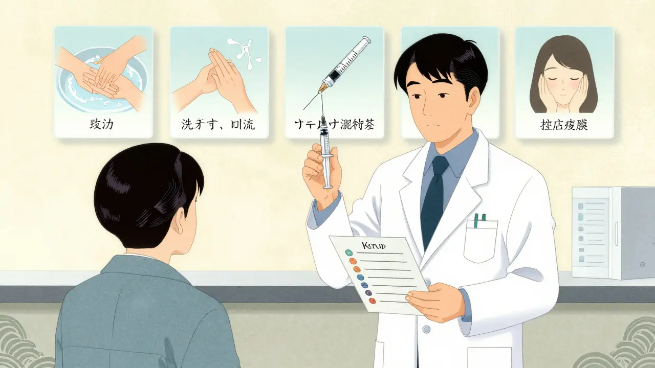 Farmasøyt viser pasienten en sjekkliste for injeksjon i en lys apotekmiljø med tradisjonelle norske mønstre.