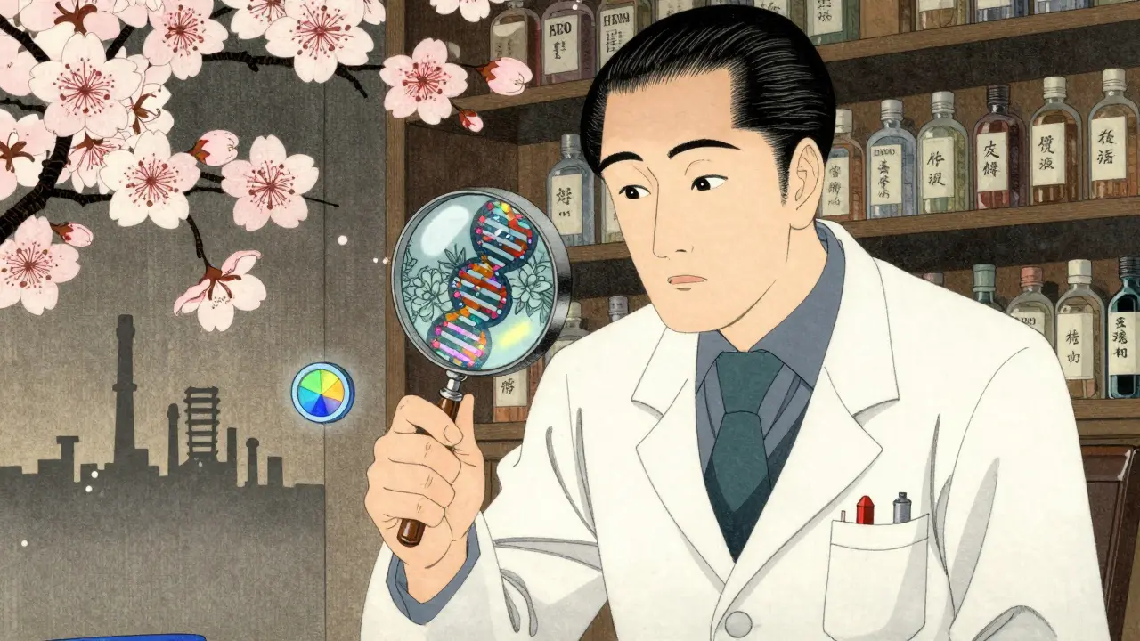 Forsker ser på en tablett med DNA-mønster som blomster, omgitt av skjulte sikkerhetsmerker.