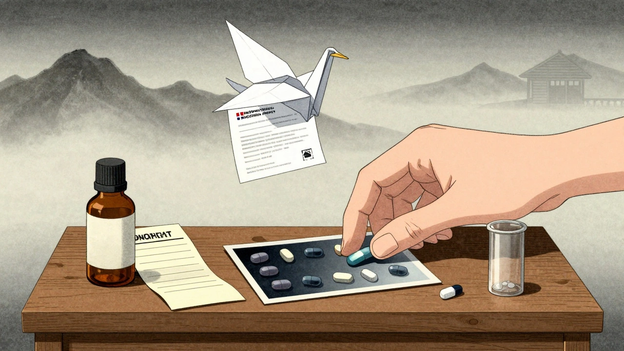 Hånd legger bilder av feil legemiddel på et alter sammen med resept og kvittering.