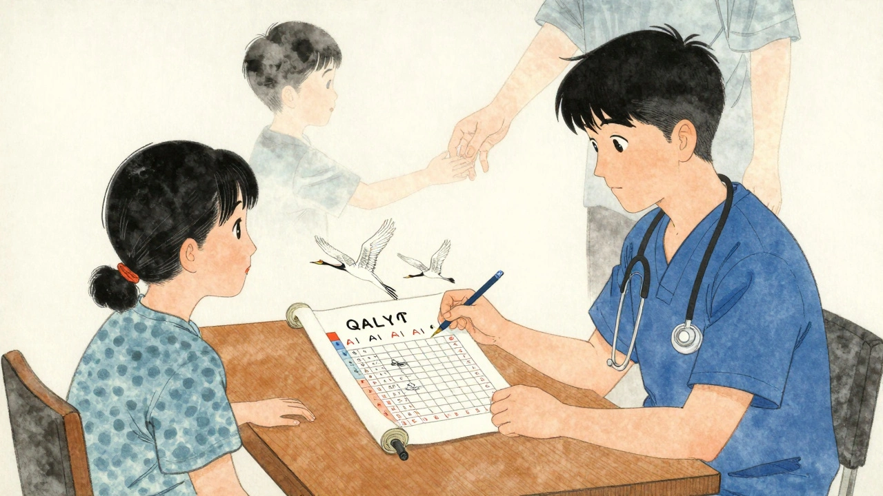 Helsearbeider og pasient vurderer behandling på en skrolle med kraner som symboliserer livskvalitet.