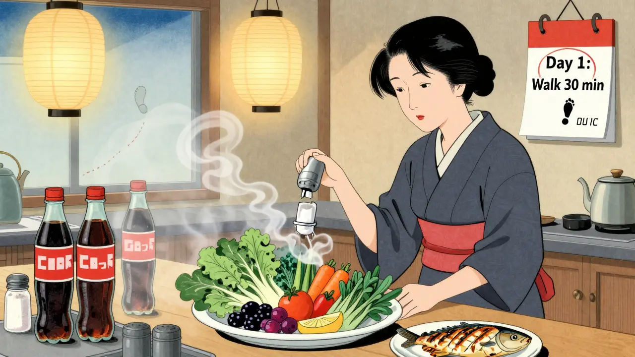 Kvinne forbereder friske grønnsaker og fisk i kjøkken, mens usunt mat forsvinner som røyk.