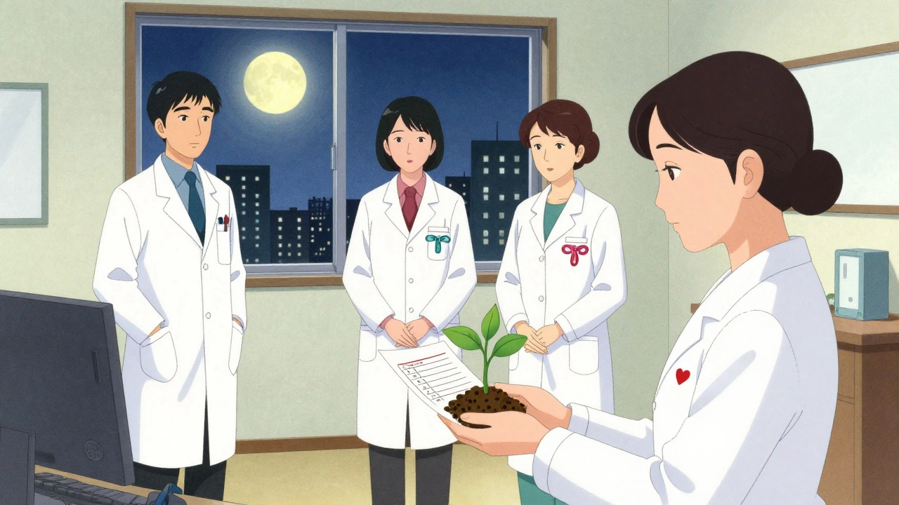 Kvinne med en plante og blodprøve i en integrert klinikk, med helsepersonell i en sirkel.