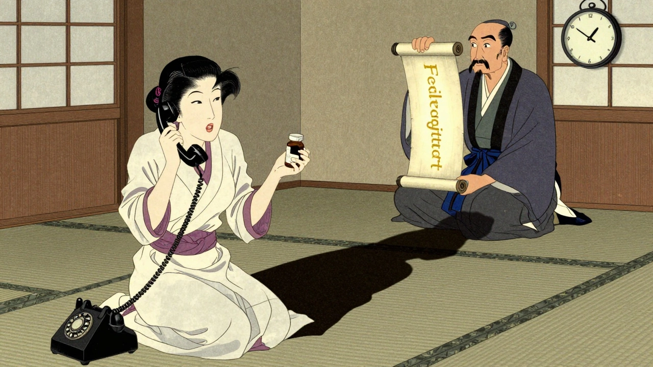 Kvinne ringer lege mens legeapotekeren viser en registrert feil i bakgrunnen.