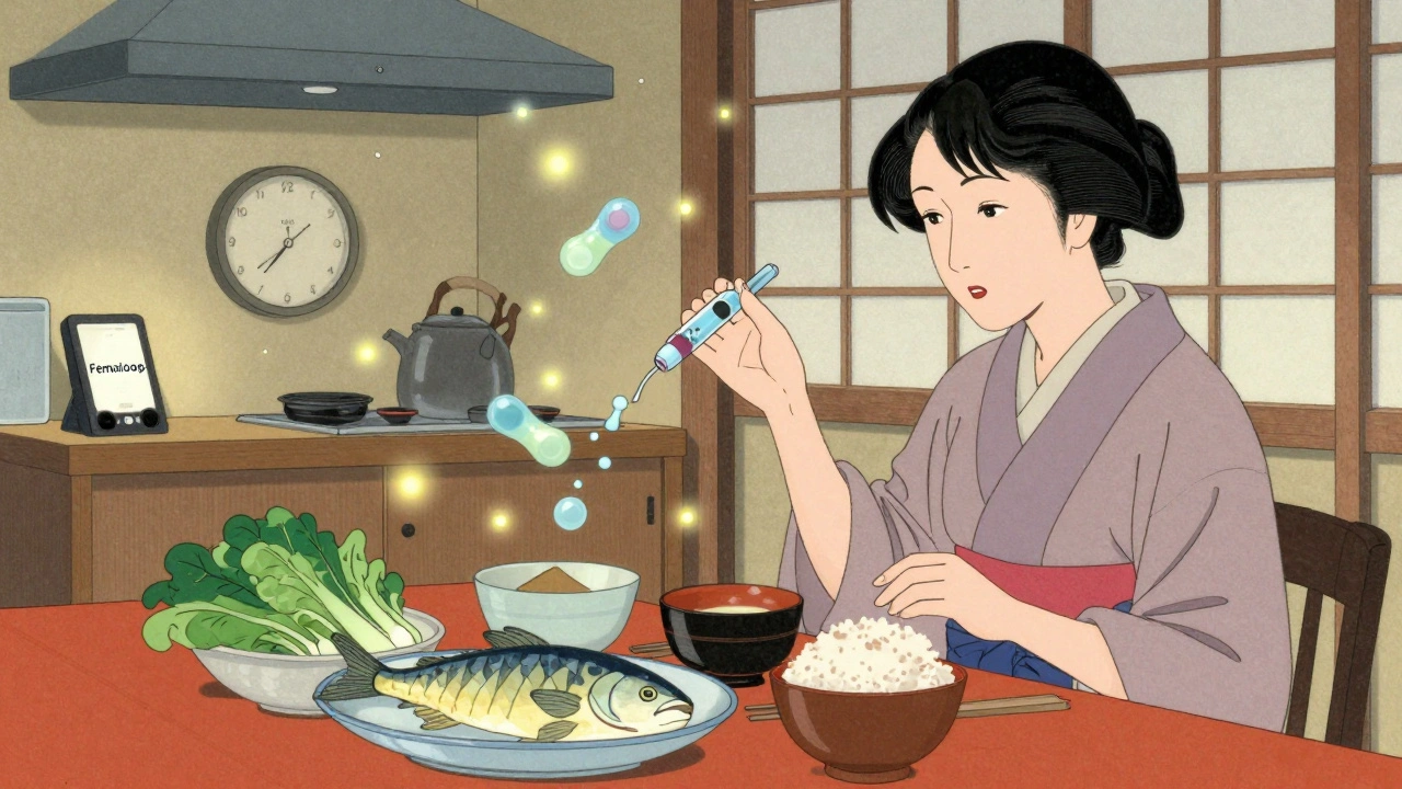 Kvinne som lager sunn mat med insulin- og glucosepartikler som flyter i luften, viser livsstilsendring.