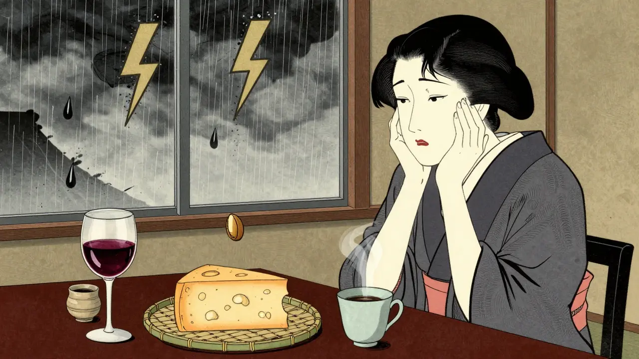 Kvinne ved et bord med mat og drikke som kan utløse migrain, med storm i vinduet.