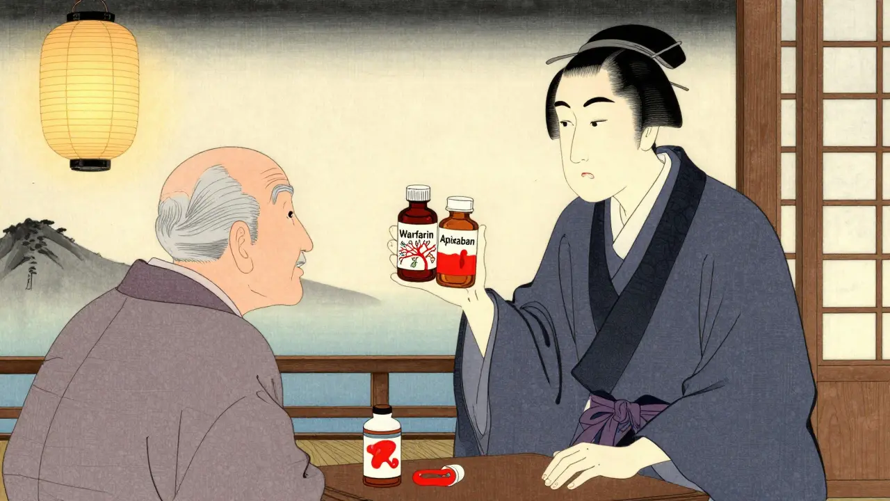 Læge og pasient snakker under en lykt, med to medisinflasker som symboliserer warfarin og DOAC-er.