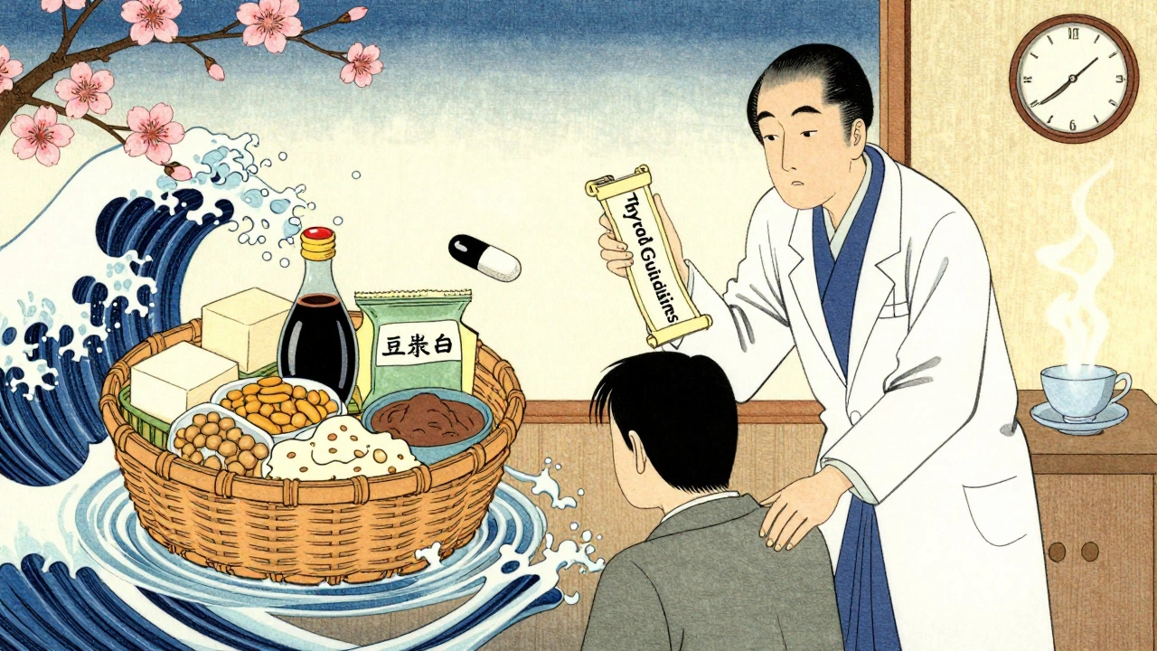 Læge viser pasienten veien fra soy til medisin, med tradisjonelle japanske elementer.