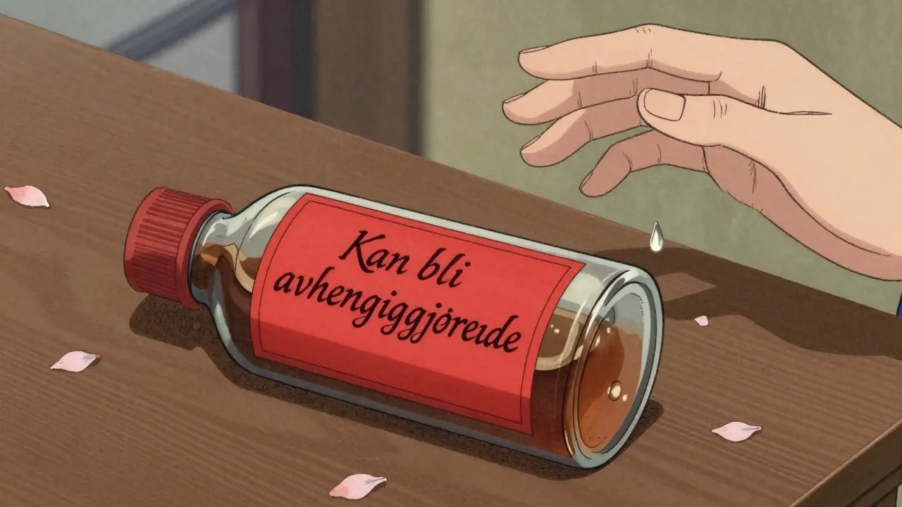 Legemiddelflasken med rød advarselsetikett og kirsebærtallerkener i bakgrunnen.