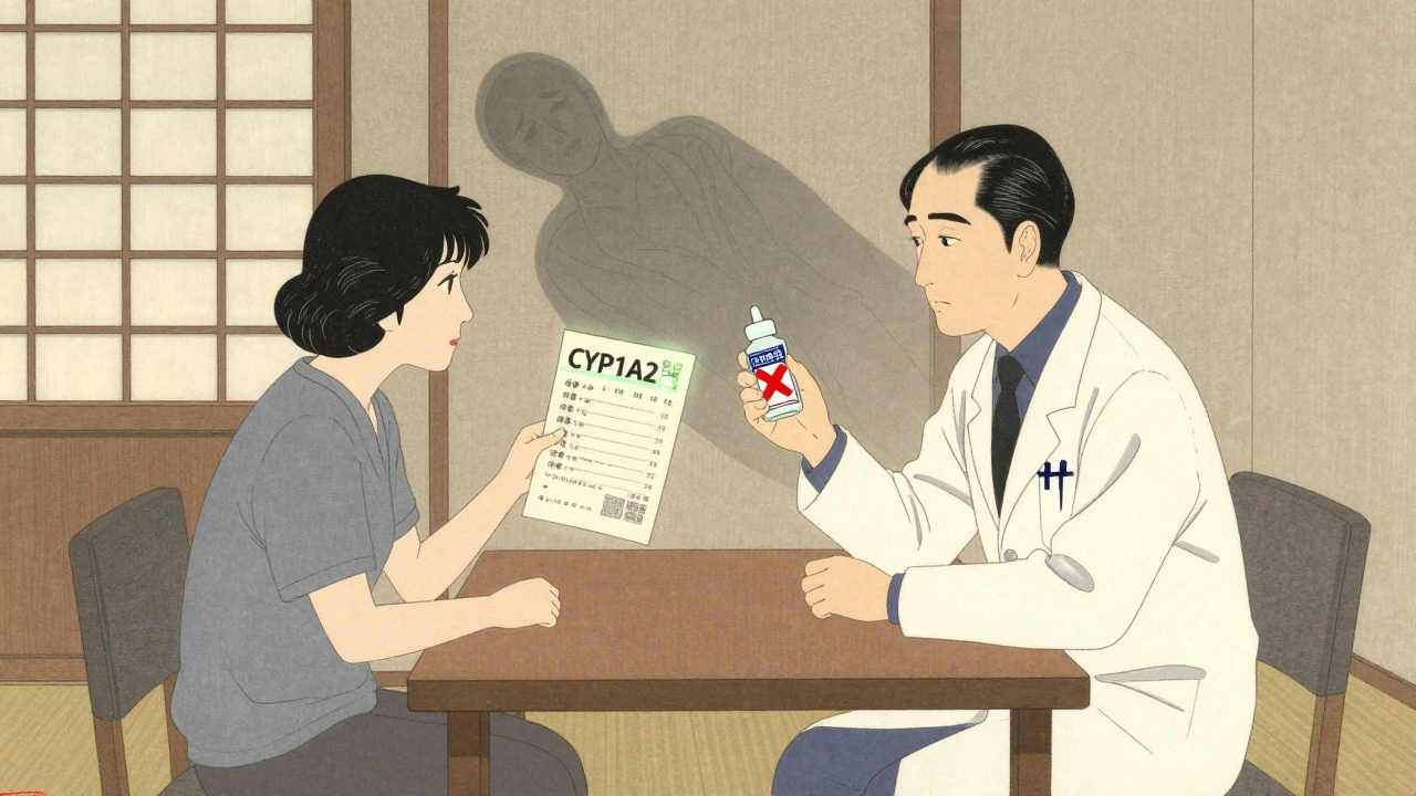 Legemiddelliste med advarsler, lege og pasient ved bord, skjult kollaps i skjerm bak dem.