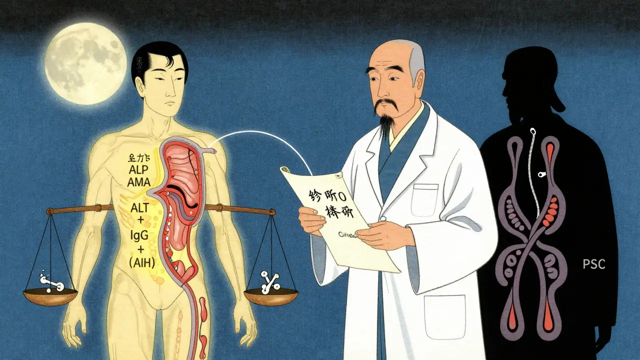 Legen med diagnostisk skroll og pasient med delt kropp, symboliserer PBC, AIH og PSC i tradisjonell stil.