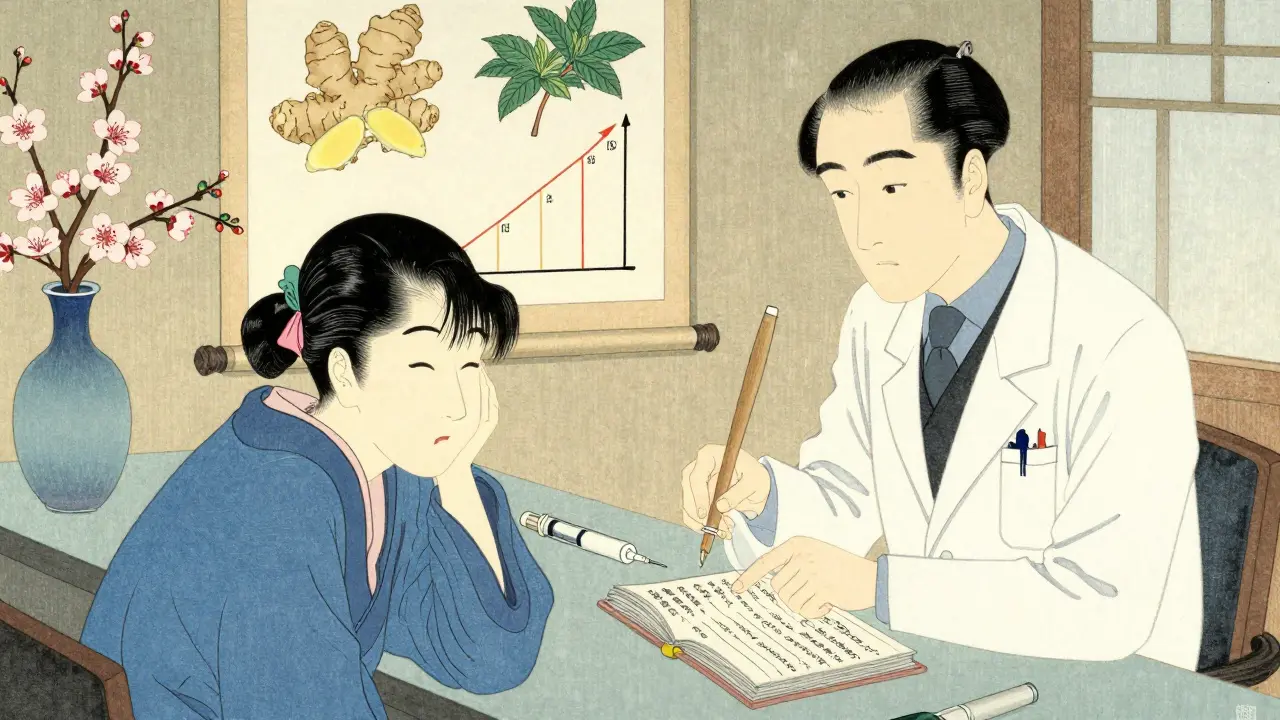 Legen og pasienten ser sammen på en helsejournal med notater om kvalme og doseøkning, i en rolig klinikk.