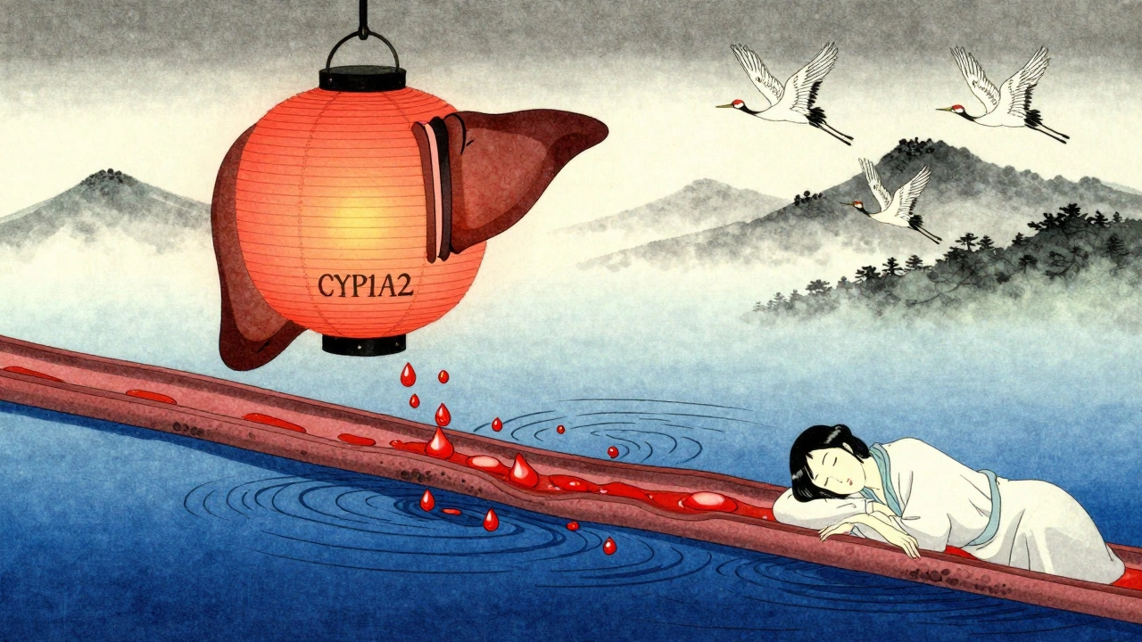 Lever som lanterne med blokkert strøm, tizanidin-dråper oversvømmer blodåre, sovende figur i bakgrunn.