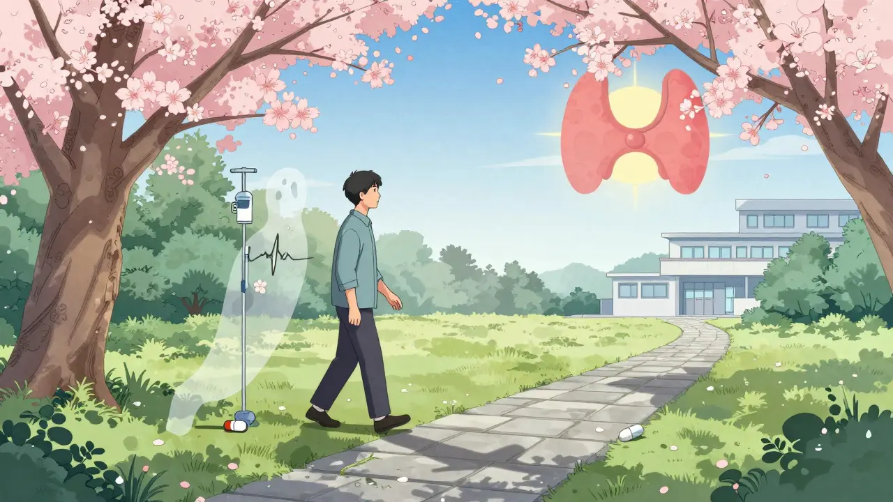 Pasient i en blomstrende hage, skyggen viser en sunn skjoldbruskkjertel, symboliserer gjenoppretting.