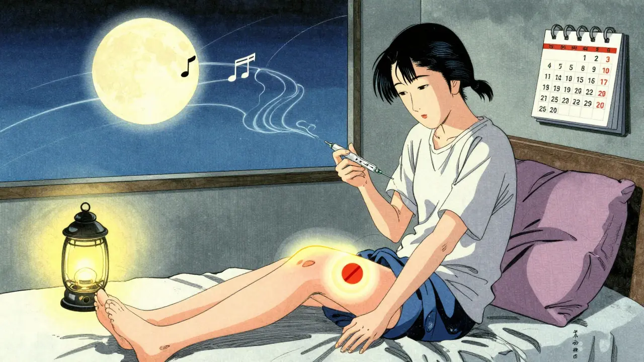 Pasient injiserer i sengen med lys, musikk og kalender som del av en trygg rutine, med markering av sikre steder.