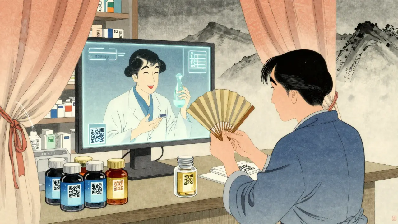 Pasient skanner QR-kode på flaske mens hologram viser bruk av medisin i ukiyo-e stil.