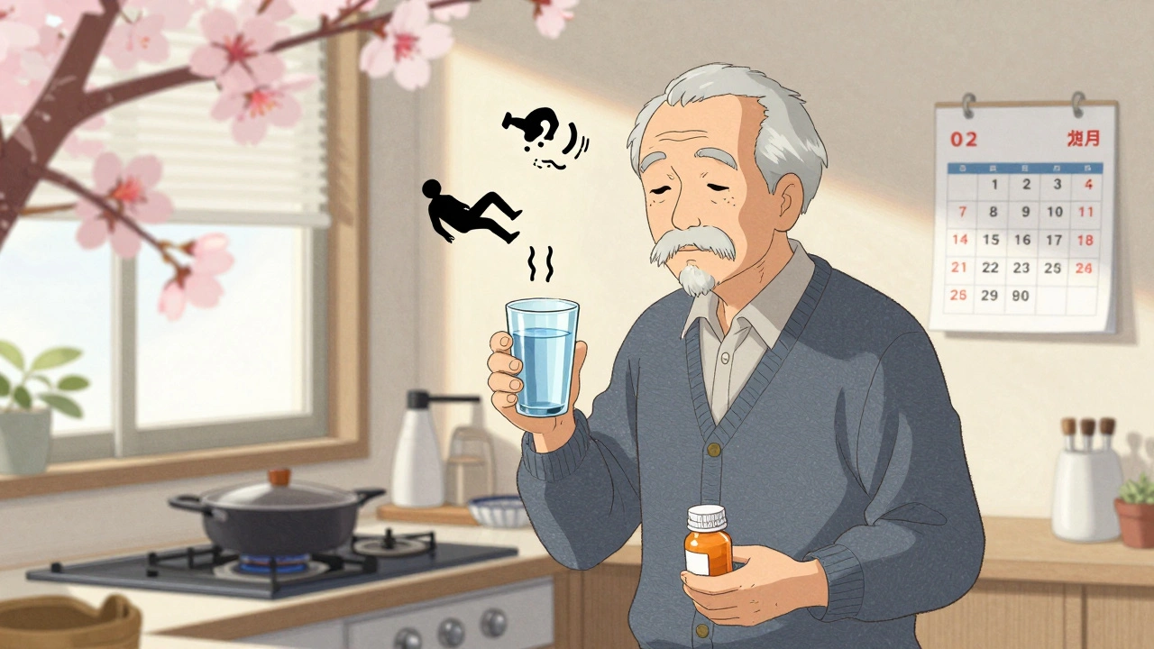 Pasient tar legemiddel med vann, mens bivirkninger vises som symboler i kjøkkenet.