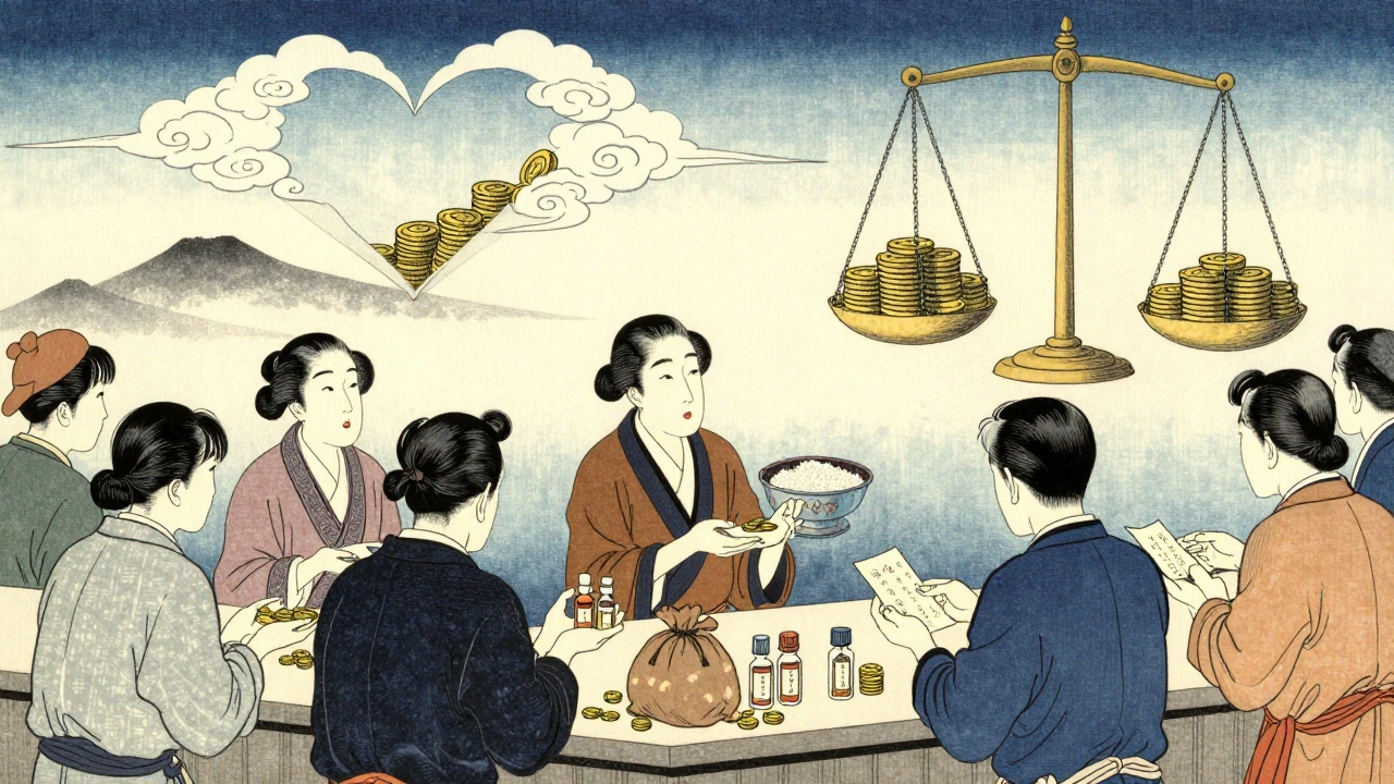 Pasienter bytter mat og penger mot legemidler, mens en vekt veier liv mot gull.