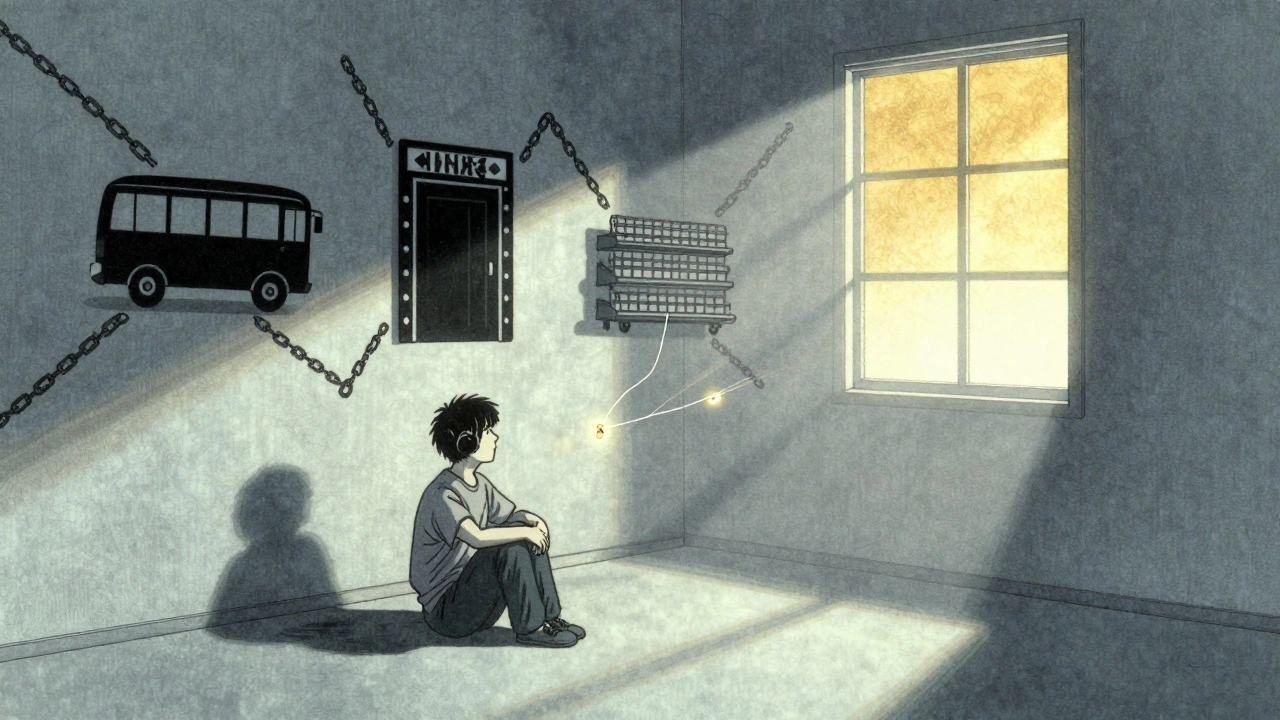 Person hjemme, omgitt av forbudte steder som kæder, lys fra vindu som håp.