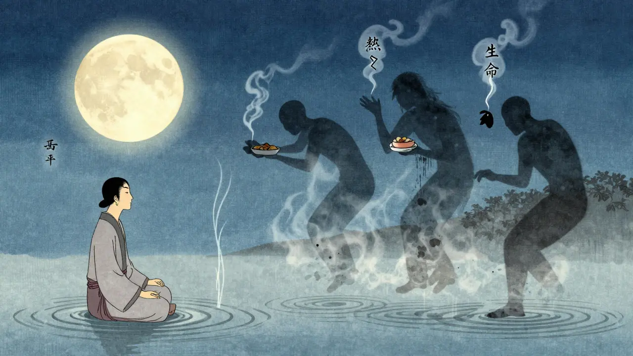 Person i meditasjon under måne, med vannbølger som renser blod, mens skadelige vaner forsvinner.