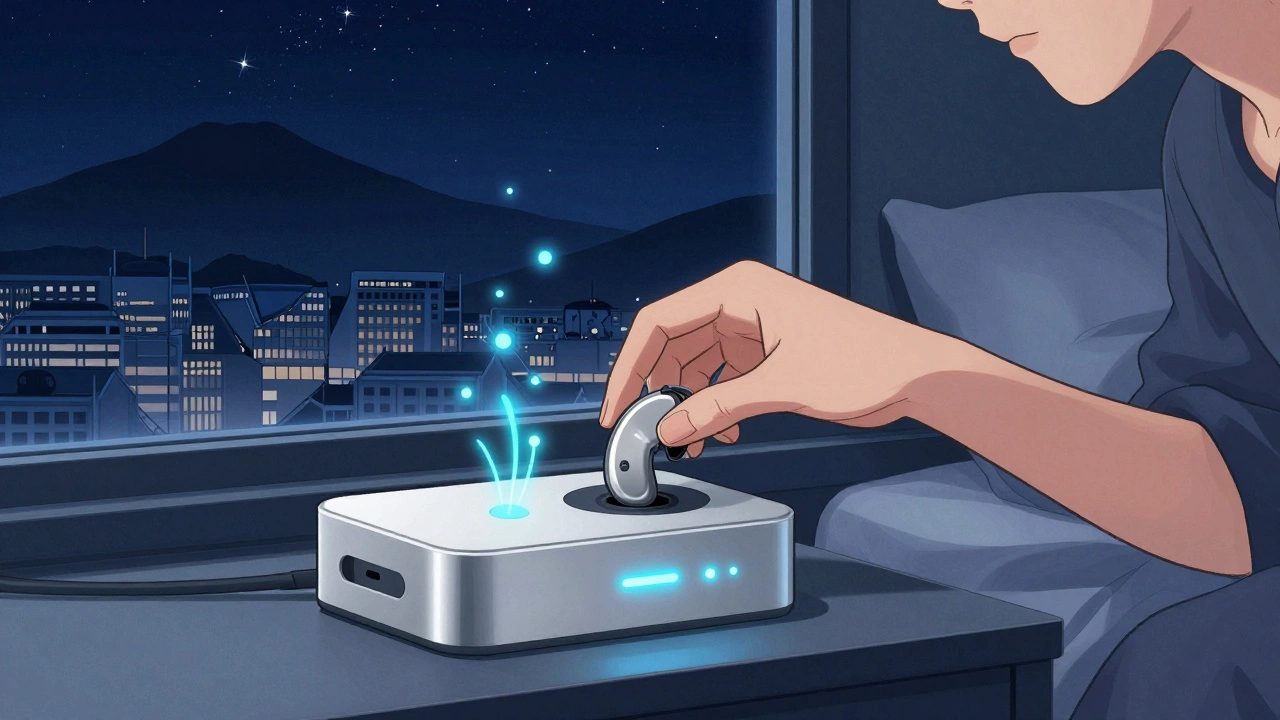 Person legger høreapparater i ladebase før søvn, med blå lyseffekter.