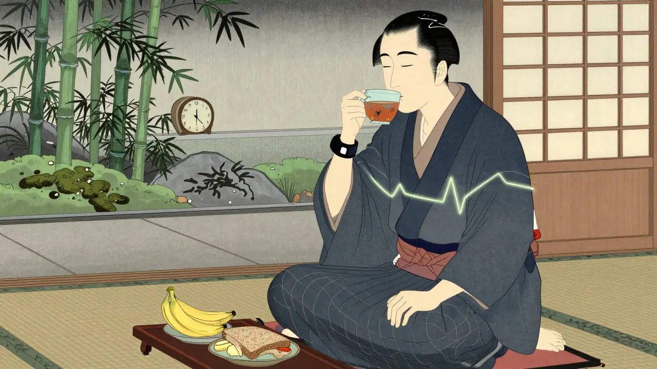 Person med akupressurarmbånd drikker te og hviler etter måltid, i en fredfull japansk stil miljø.