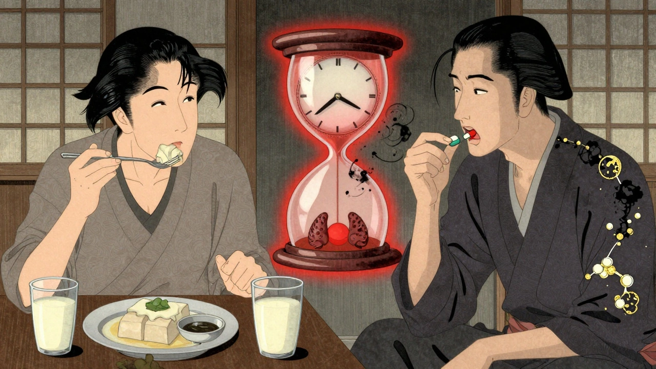 Split scene med soy og medisin, tidsur mellom dem for å vise 3 timers avstand.