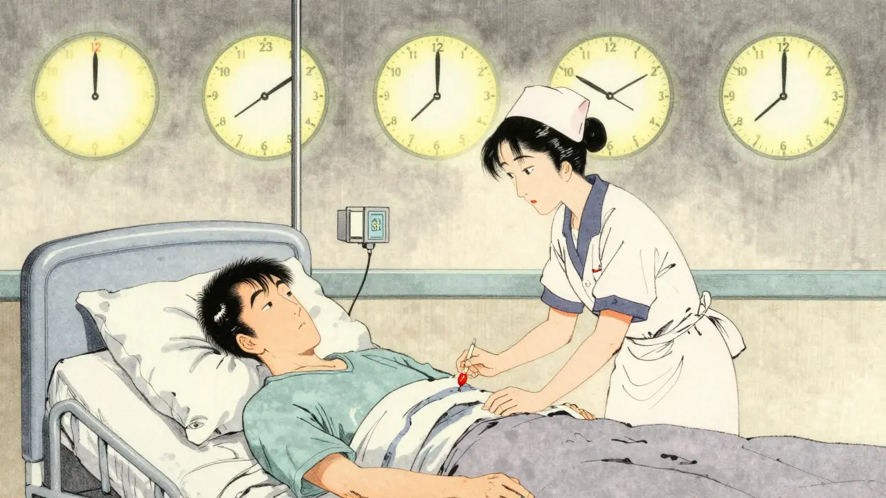 Sykepleier gir insulin om morgenen i sykehus, med klokkehender som symboliserer tidspunktsfeil.