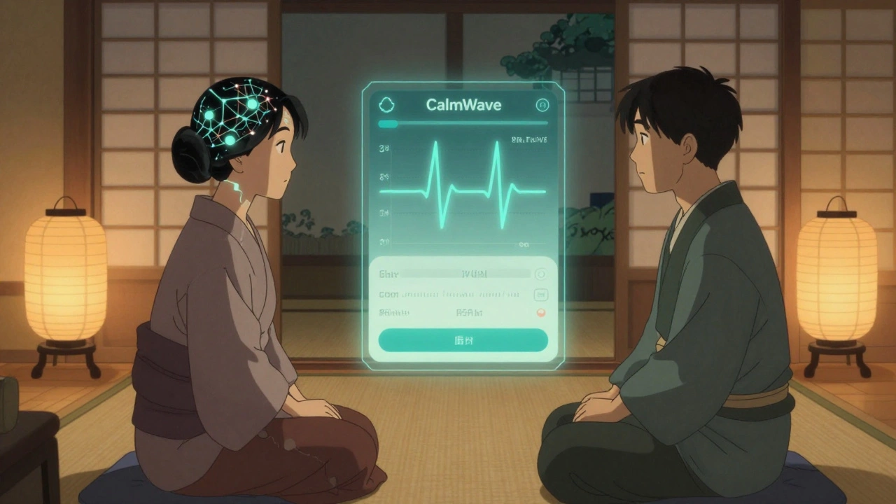 Terapeut og pasient i rolig rom, digital app viser hjertefrekvens som avtar, nevroner lyser.