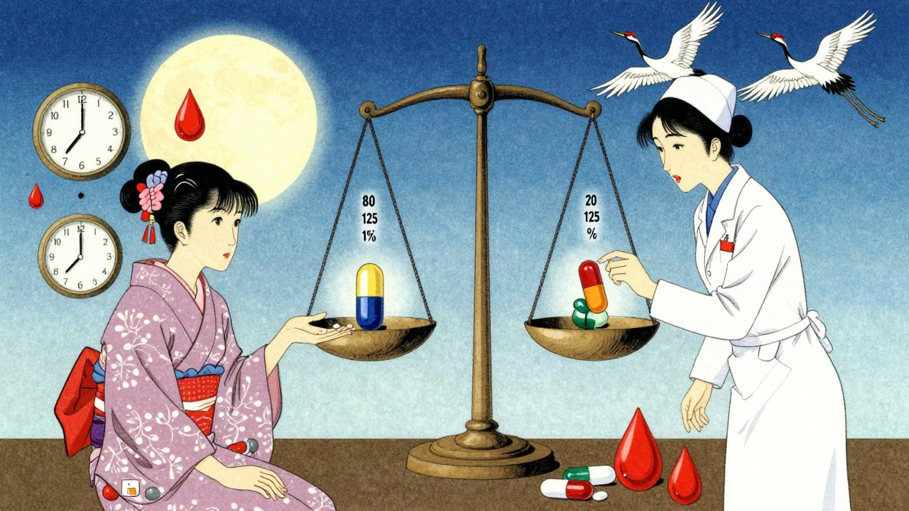 To pasienter får legemidler i en crossover-studie, med tall og vekt som viser bioekvivalens.