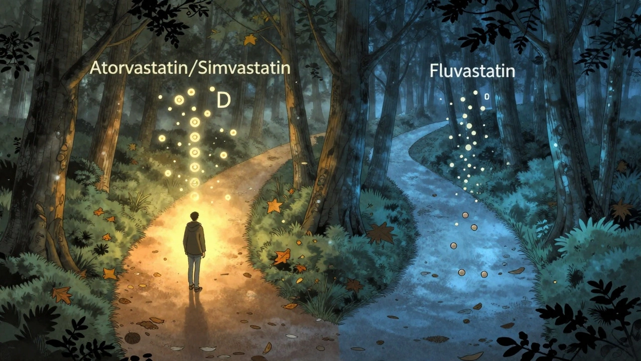 To veier i en tåkete skog viser ulike statiner og deres påvirkning av vitamin D, med en reisende ved gaten.