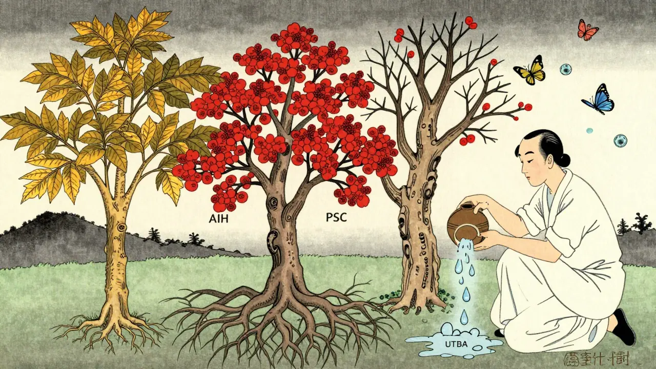 Tre trær fra samme rot — PBC, AIH og PSC — med legens helbredende væsker og immunbutterflyer i ukiyo-e stil.