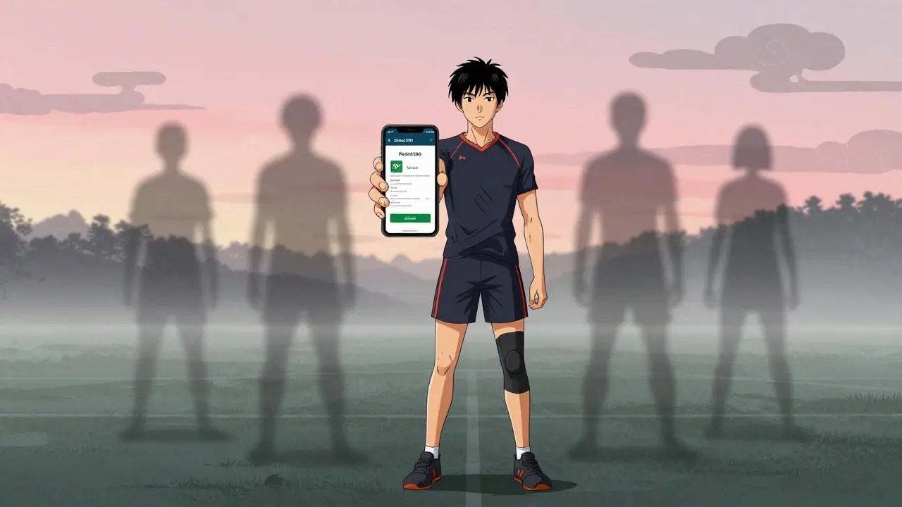 Ung athlet ser på Global DRO på telefonen i morgenmørke, forbudte stoffer forsvinner som skygger.